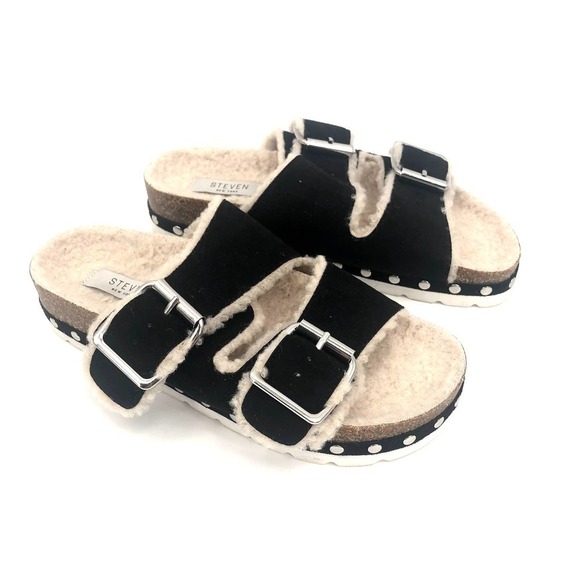 STEVEN STEVE MADDEN Stessi Black Sherpa Lined Slip-on Sandal Size 7 - Picture 2 of 10